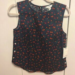 NWT Nordstrom brand 1901 Poplin Navy Cherry Top XS